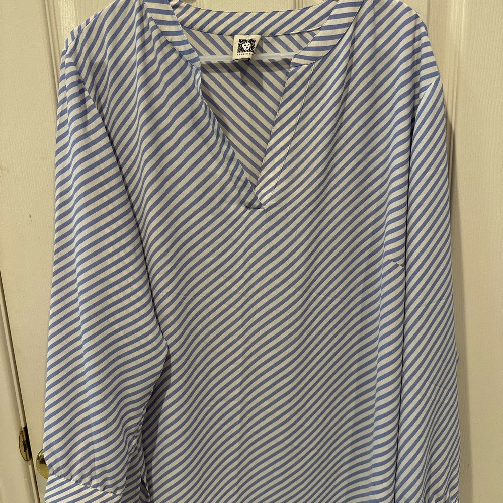 Anne Klein Blue and White Striped V neck blouse